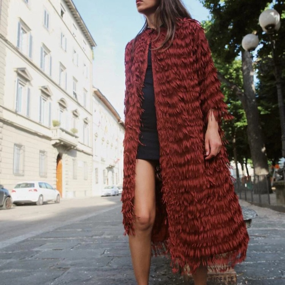Zara Rust Red Textured Fringe Long Cape Coat